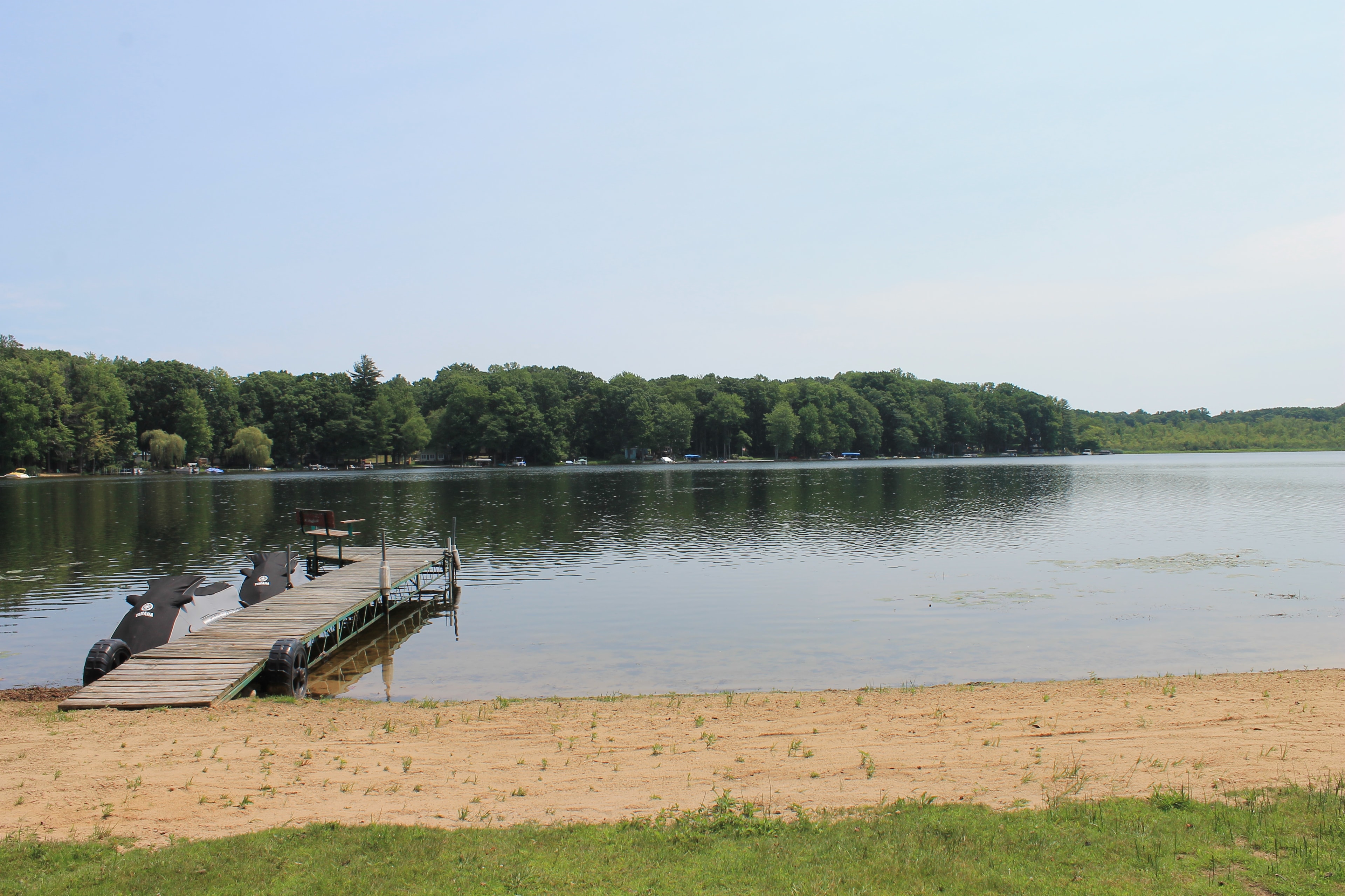Lakefront property exterior with trees and dock